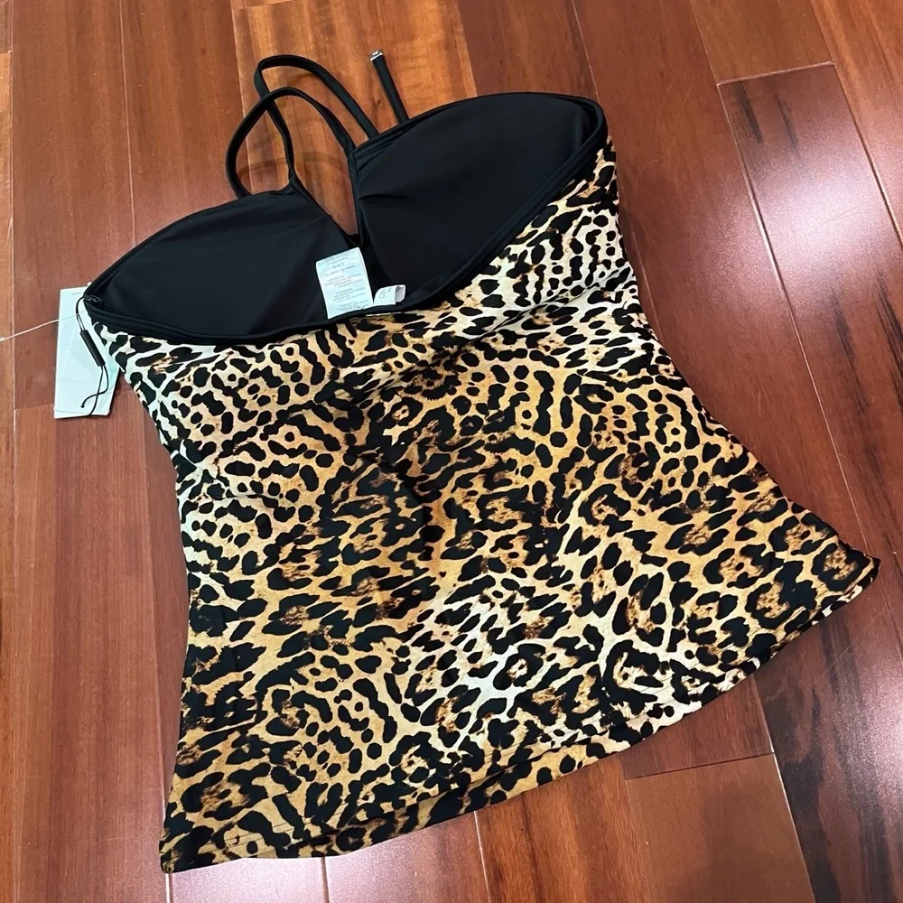 New NWT Calvin Klein Leopard Tankini Top Swim Halter Animal Print Black Sz Large